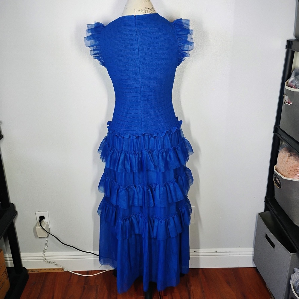 ME+EM Ethereal Tulle Shirred Midi Dress Womens 8 Royal Blue Tiered Wedding Party - Picture 7 of 15
